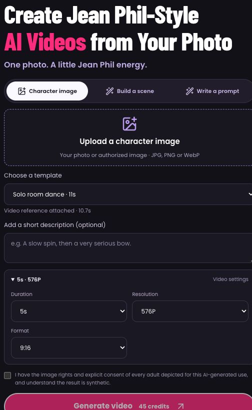 Photo mode with Solo room dance selected, expanded 5s, 576P and 9:16 settings, consent checkbox and a 45-credit generation button.